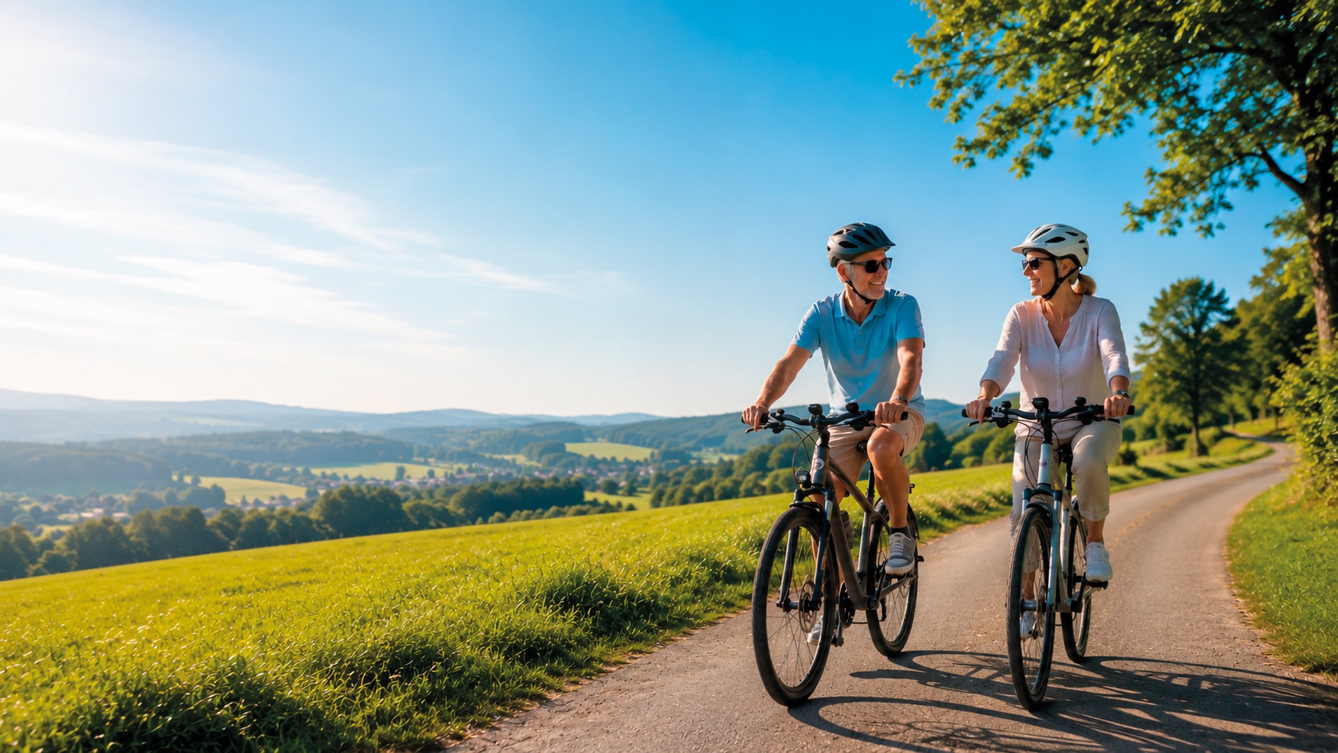 Ein Paar fährt mit dem Rad durch eine sommerliche Hügellandschaft