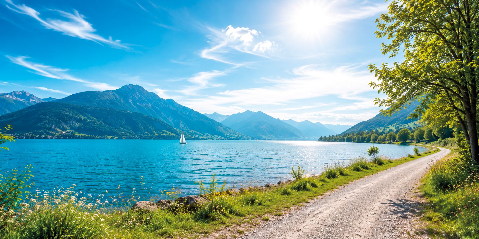 Weg am Seeufer mit Bergen und Segelboot