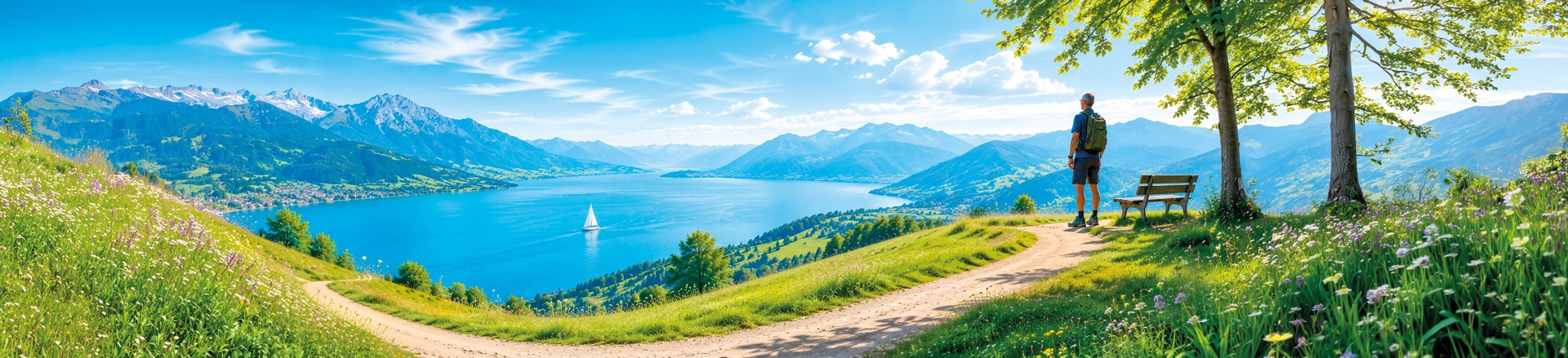 Wanderer blickt von einem Hügel über einen See